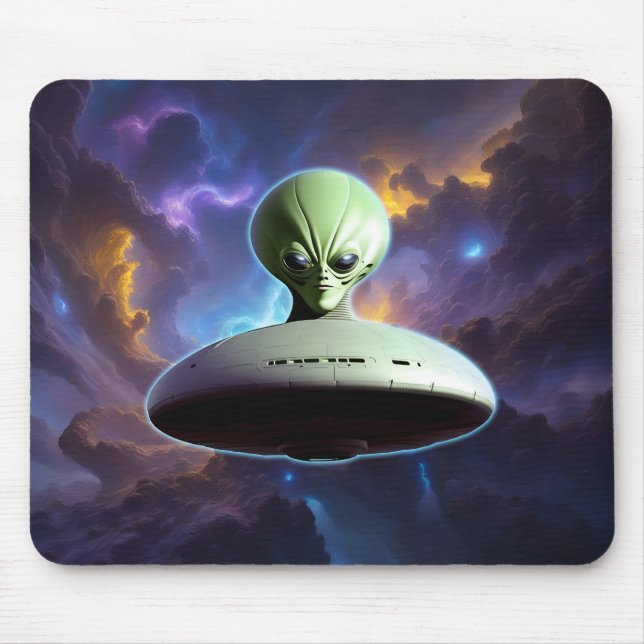 Galactic Encounter: Green Alien Head UFO Adventure Mouse Pad (Front)