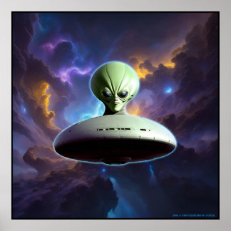 Galactic Encounter: Green Alien Head UFO Adventure Poster