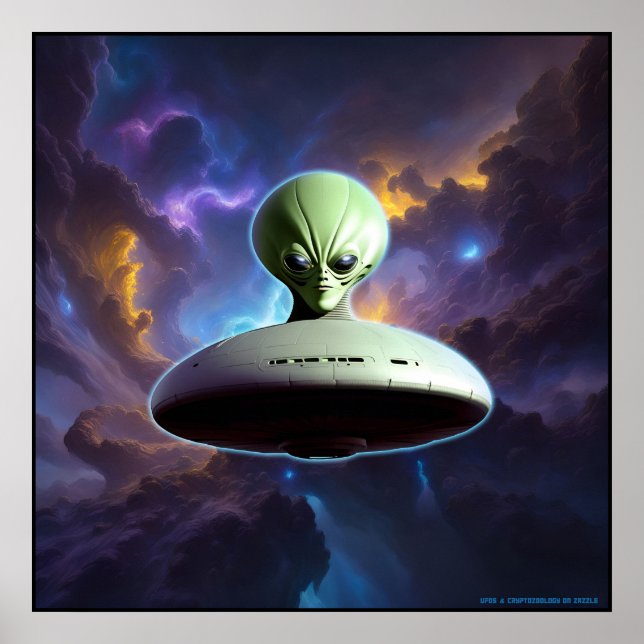 Galactic Encounter: Green Alien Head UFO Adventure Poster (Front)