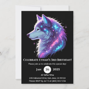 Galactic Glow Wolf Birthday Invitation