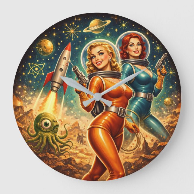 Galactic Guardians Retro Space Girls Large Clock (Front)