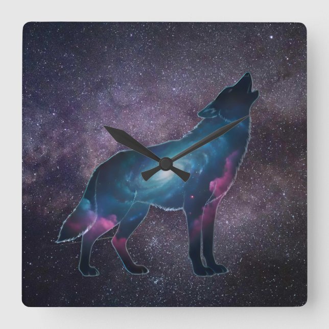 Galactic Howling Wolf Silhouette Square Wall Clock (Front)