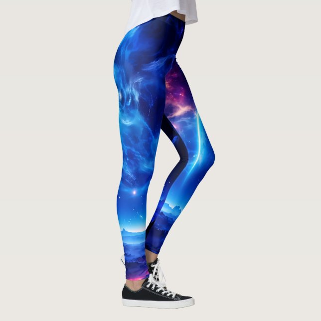 Galactic Oasis: Blue Nebula Stellar Landscape  Leggings (Right)