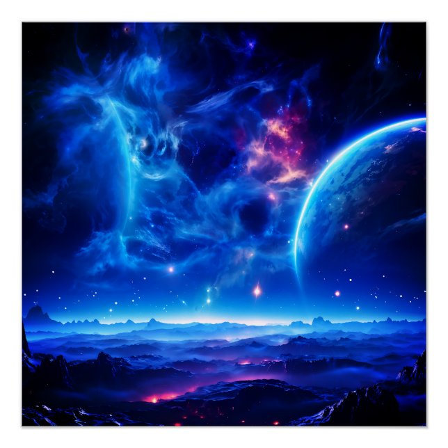 Galactic Oasis: Blue Nebula Stellar Landscape  Poster (Front)