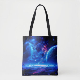 Galactic Oasis: Blue Nebula Stellar Landscape Tote Bag