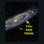Galactic Perspective. You are here in the universe Poster<br><div class="desc">There are 100 billion stars in the Milky Way Galaxy. The Earth's Sun is in an outer band. There are billions of galaxies. This image shows the Andromeda galaxy with the arrow pointing to the approximate position of the Earth if we could see our own Milky Way. Great for appreciating...</div>