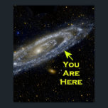 Galactic Perspective. You are here in the universe Poster<br><div class="desc">There are 100 billion stars in the Milky Way Galaxy. The Earth's Sun is in an outer band. There are billions of galaxies. This image shows the Andromeda galaxy with the arrow pointing to the approximate position of the Earth if we could see our own Milky Way. Great for appreciating...</div>