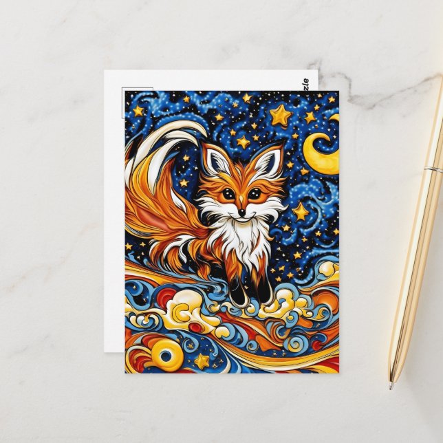 Galactic Red Fox Child Like Art Postcard (Front/Back In Situ)