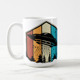 Galactic Reverie: UFO Soars Over Retro Forest Coffee Mug