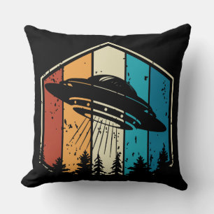 Galactic Reverie: UFO Soars Over Retro Forest Cushion