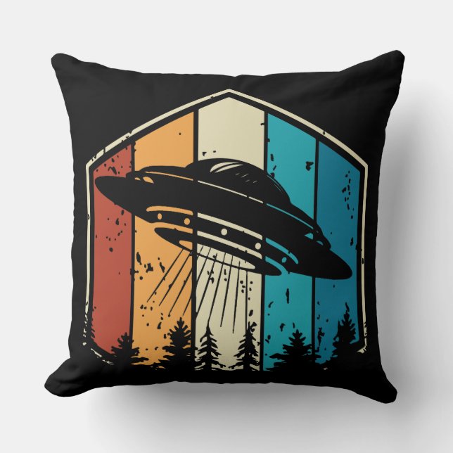 Galactic Reverie: UFO Soars Over Retro Forest Cushion (Front)