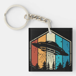 Galactic Reverie: UFO Soars Over Retro Forest Key Ring