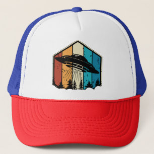 Galactic Reverie: UFO Soars Over Retro Forest Trucker Hat