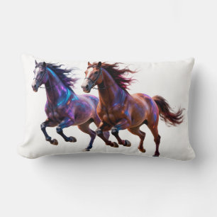 Galactic Running Neon Mystic Horses Pair Fantasy Lumbar Cushion