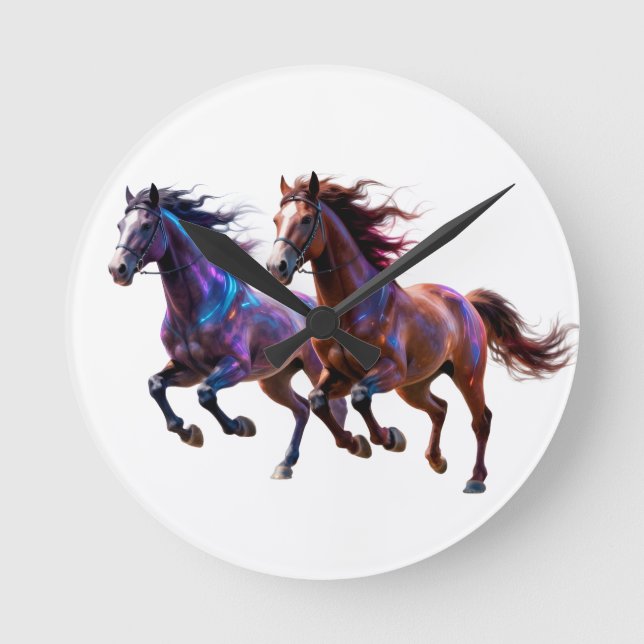 Galactic Running Neon Mystic Horses  Pair Fantasy  Round Clock (Front)