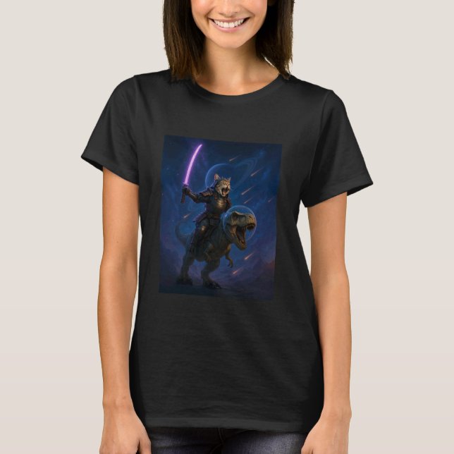 Galactic Samurai Cat on T Rex T-Shirt (Front)