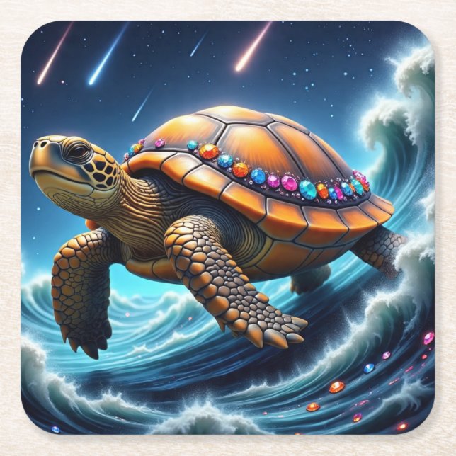 Galactic Sea Turtle Square Paper Coaster (Front)