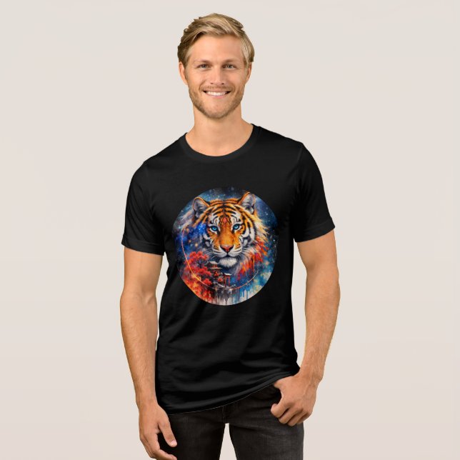 Galactic Tiger with Temple and Cherry Blossoms Tri-Blend Shirt (Front Full)