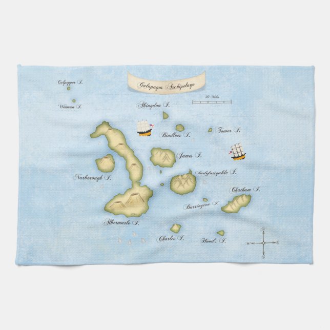 Galapagos Archipelago Nautical Map With Ships Kitc Tea Towel (Horizontal)