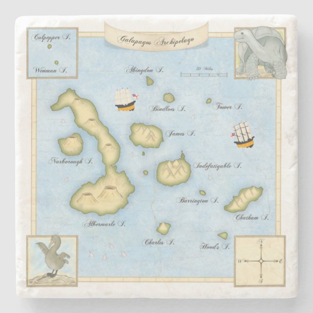 Galapagos Islands Map with Ornate Frame Stone Coaster (Front)