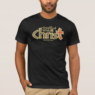 Galatians 2:20 on dark tee shirt.