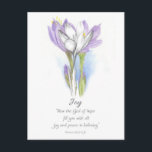 Galatians Fruit of the Spirit Joy Scripture Crocus Postcard<br><div class="desc">Inspired by the Fruit of the Spirit from the Bible book of Galatians 5:22-23. This postcard features Joy and a joy related scripture from the book of Romans 15:13 and decorated with a pretty bouquet of purple and white crocus flowers hand drawn with pencil accented with watercolor. Lovely prayer card!...</div>
