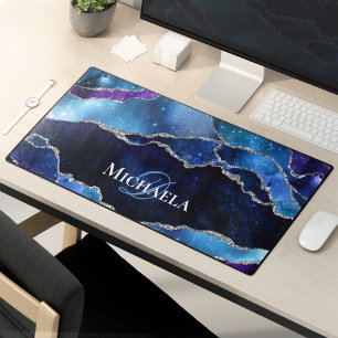 Galaxy Agate Silver Glitter Outer Space Monogram Desk Mat