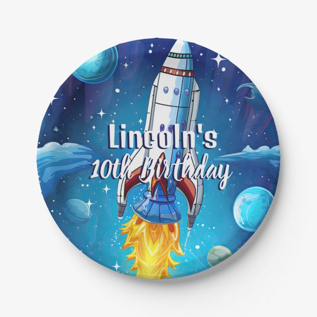 Galaxy Astronaut Space Shuttle Rocketship Birthday Paper Plate (Front)