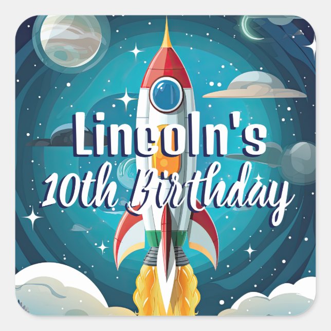 Galaxy Astronaut Space Shuttle Rocketship Birthday Square Sticker (Front)