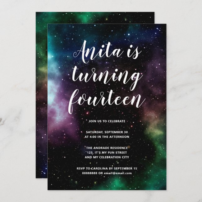 Galaxy Birthday Party Teens 14 Cosmic Space Themed Invitation (Front/Back)