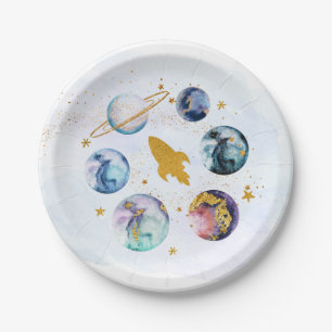 Galaxy Blue Gold Outer Space Birthday Paper Plate