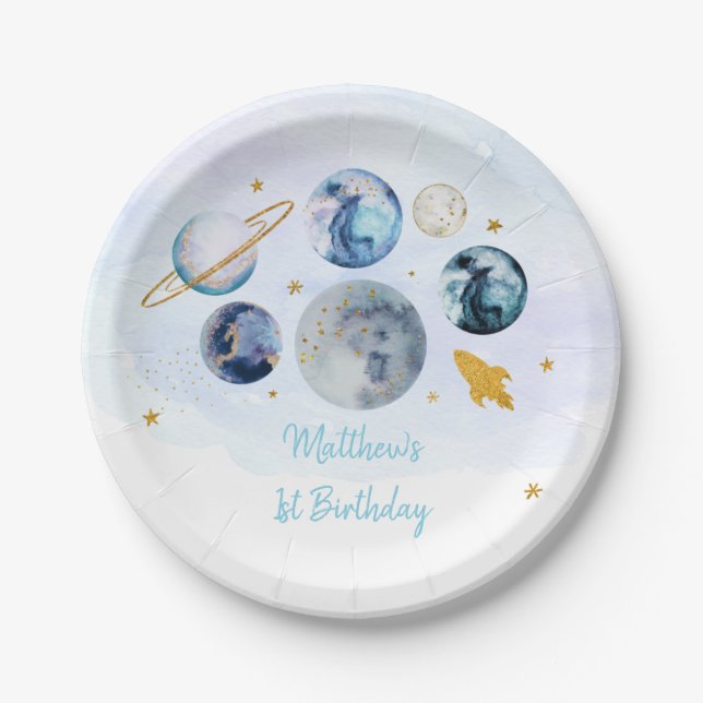 Galaxy Blue Gold Outer Space Birthday Paper Plate (Front)
