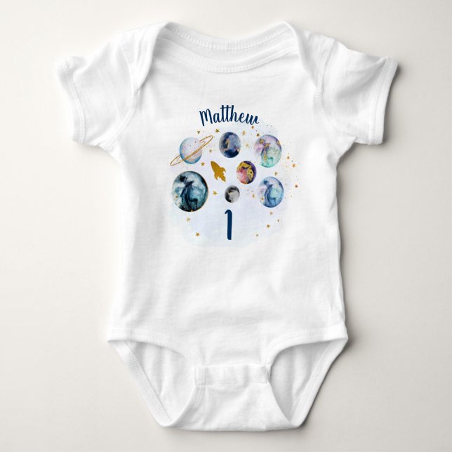Galaxy Blue Gold Outer Space First Birthday Baby Bodysuit (Front)