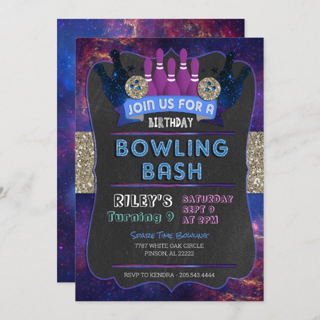 Galaxy Bowling Birthday Invitation  (Front/Back)
