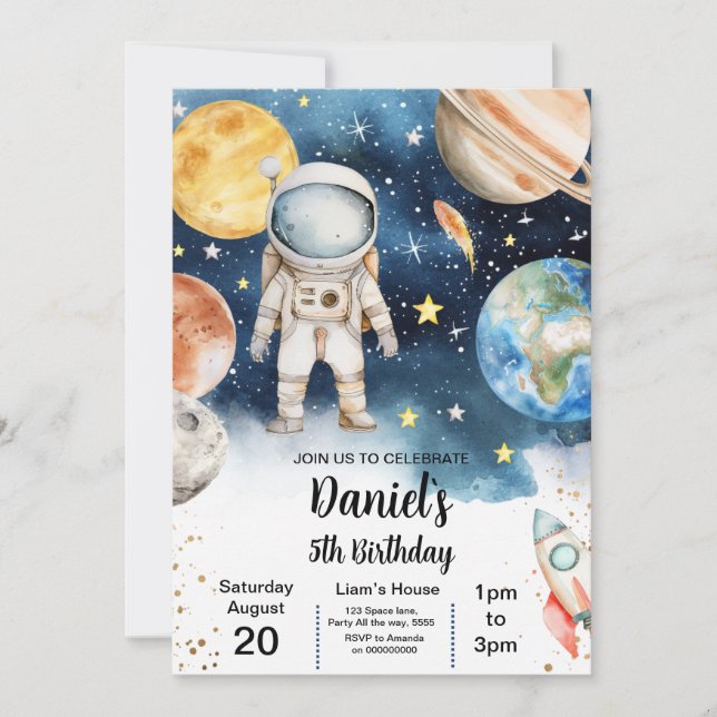 Galaxy Boy Outer Space Planets Sun Moon Birthday Invitation (Front)