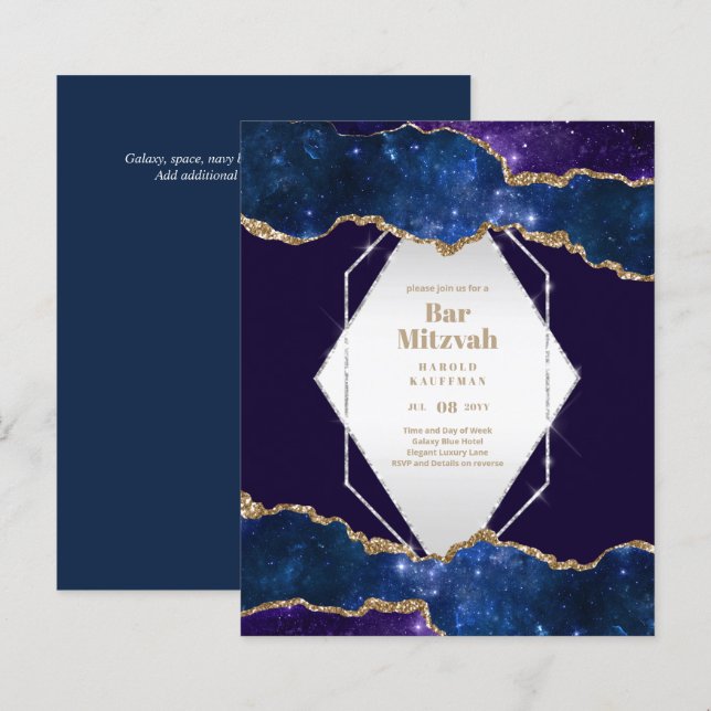 GALAXY Boys BAR MITVAH AGATE Blue Invitation (Front/Back)