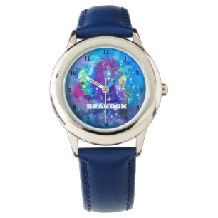 Galaxy Boys Cool Blue Stylish Custom Name Kids Watch