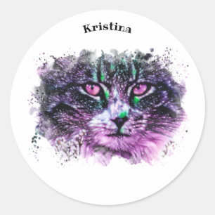 Galaxy Cat Black Purple Green Digital Watercolor Classic Round Sticker