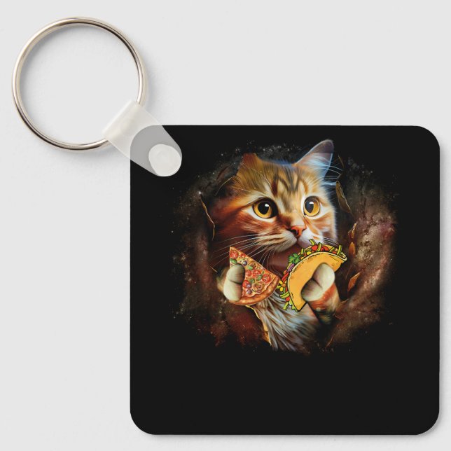 Galaxy Cat Funny Space Cat Eat Pizza and Taco Taco Key Ring (Front)