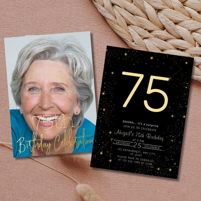 Galaxy Elegant Photo Black Gold Birthday Party (Galaxy Elegant Photo Black Gold Birthday Party Foil Invitation )