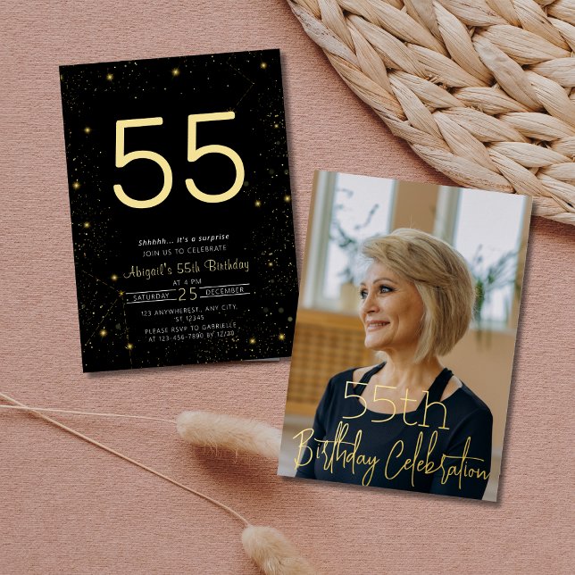 Galaxy Elegant Photo Black Gold Birthday Party (Galaxy Elegant Photo Black Gold Birthday Party Foil Invitation )