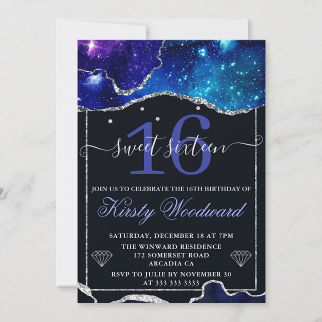 Galaxy & Faux Silver Glitter Agate Sweet 16 Invitation (Front)