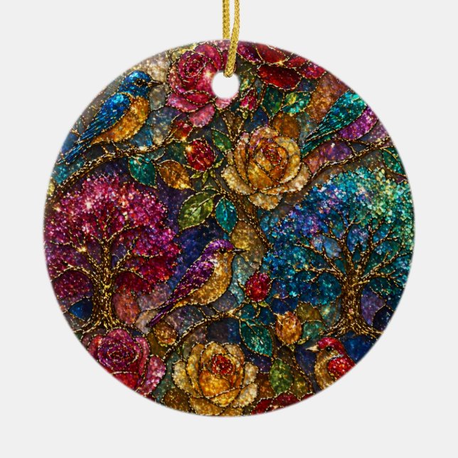 Galaxy Floral Birds Pattern Ceramic Tree Decoration (Front)