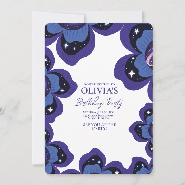 Galaxy Floral Purple Birthday Invitation (Front)