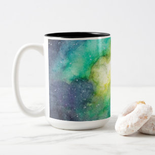 Galaxy fushia green blue watercolor Two-Tone coffee mug