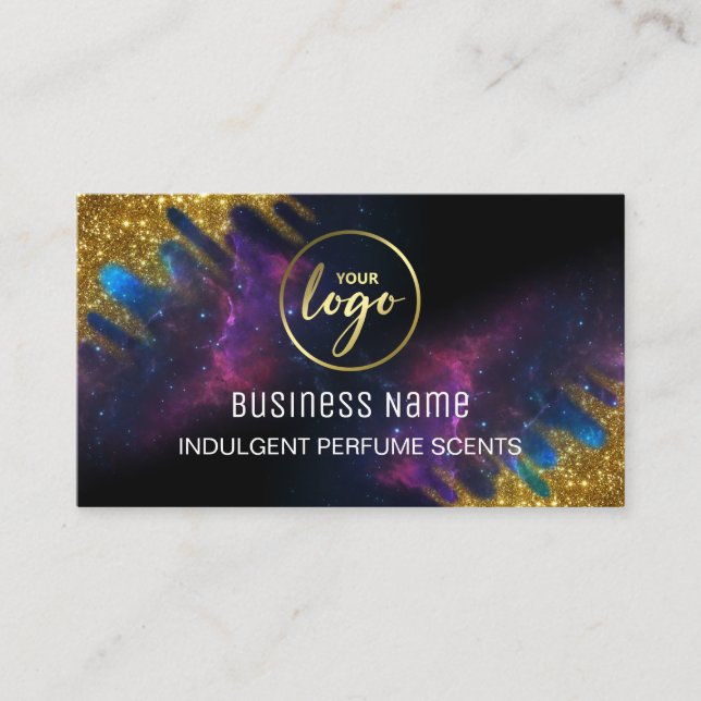 Galaxy Glitter Black And Gold Perfume Sample Business Card (Front)
