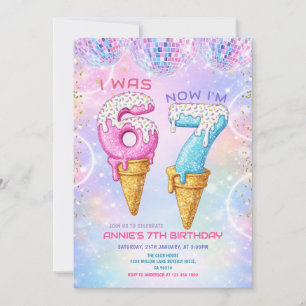 Galaxy Glitter Disco Ball 7 Birthday Ice Cream  Invitation