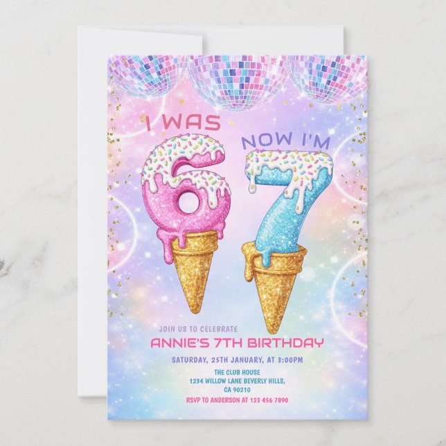 Galaxy Glitter Disco Ball 7 Birthday Ice Cream  Invitation (Front)