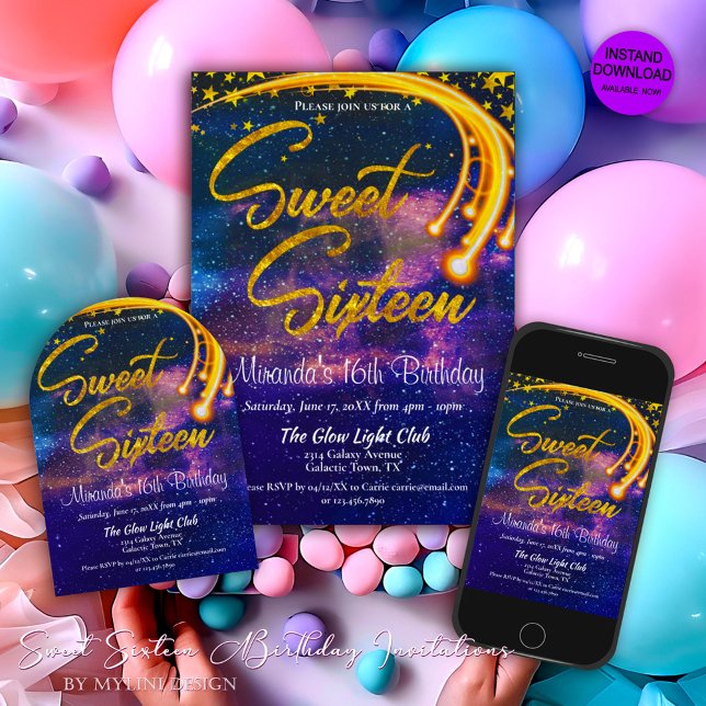 Galaxy Glow Light Sweet Sixteen Birthday Party Invitation (Creator Uploaded)