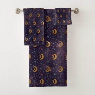 Galaxy Gold Moon Phases Stars Night Sky Bath Towel Set